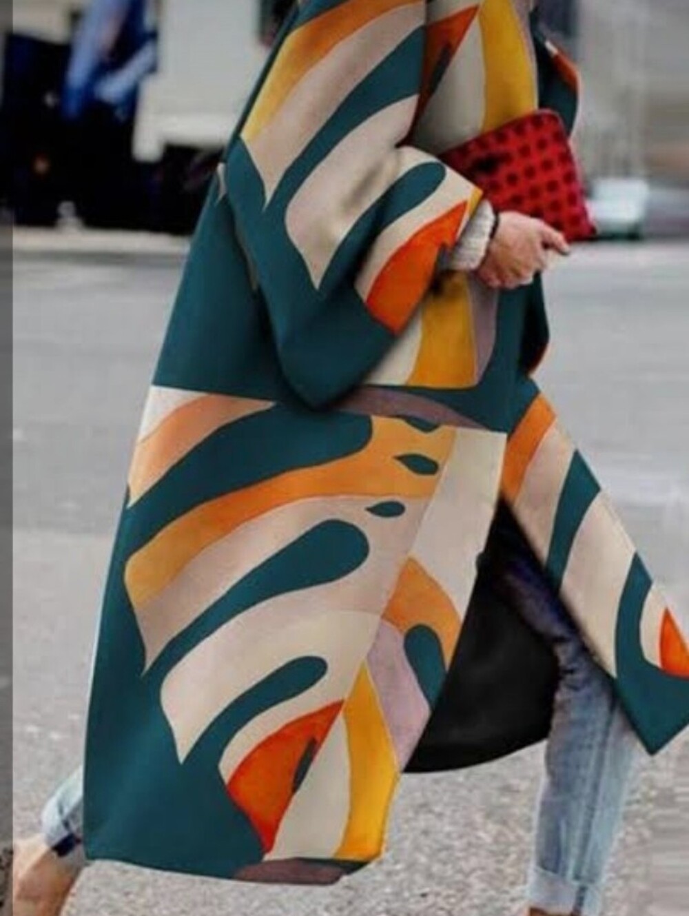 Abstract Teal & Mustard Patterned Long Coat